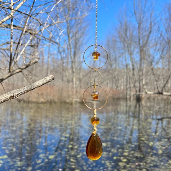 70s Retro Vibes Boho Mushroom Suncatcher Gold and Amber Colors - Picture 3 of 4